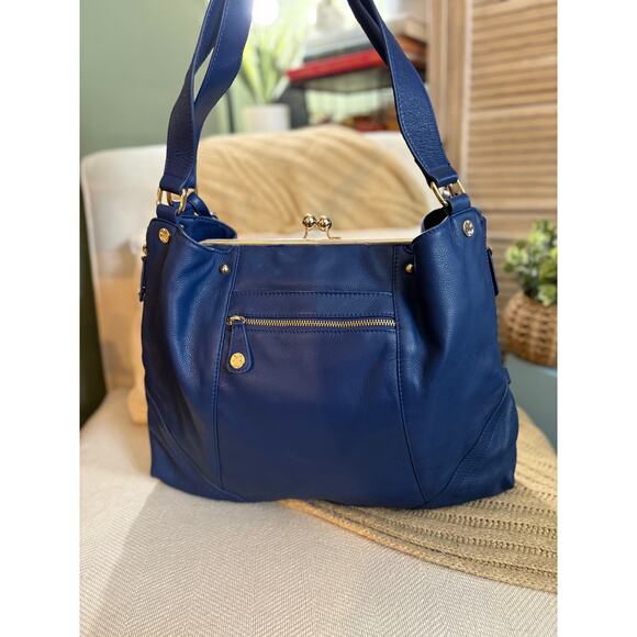 Emma Fox Classic Frame Large Leather Navy Blue Kiss-Lock Shoulder Satchel - Picture 5 of 11